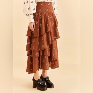 NWT Farm Rio Caramel Embroidered Horses Layered Maxi Skirt